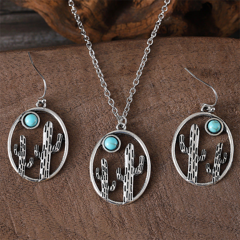 Wholesale Creative hollow cactus geometric oval earrings necklace