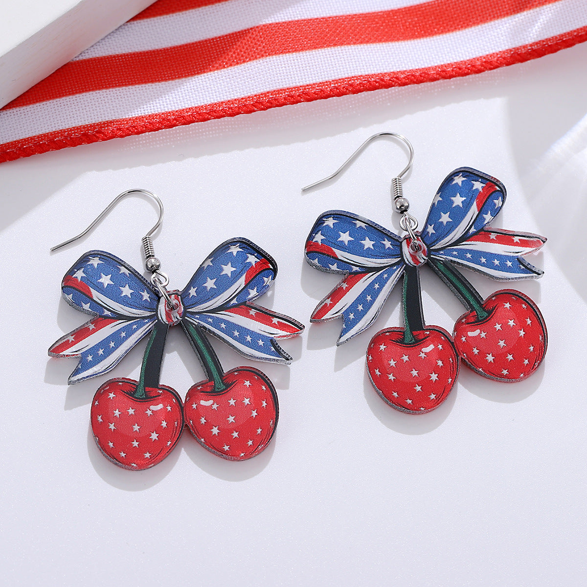 Wholesale Independence Day Red, White and Blue Bow Cherry American Flag Earrings