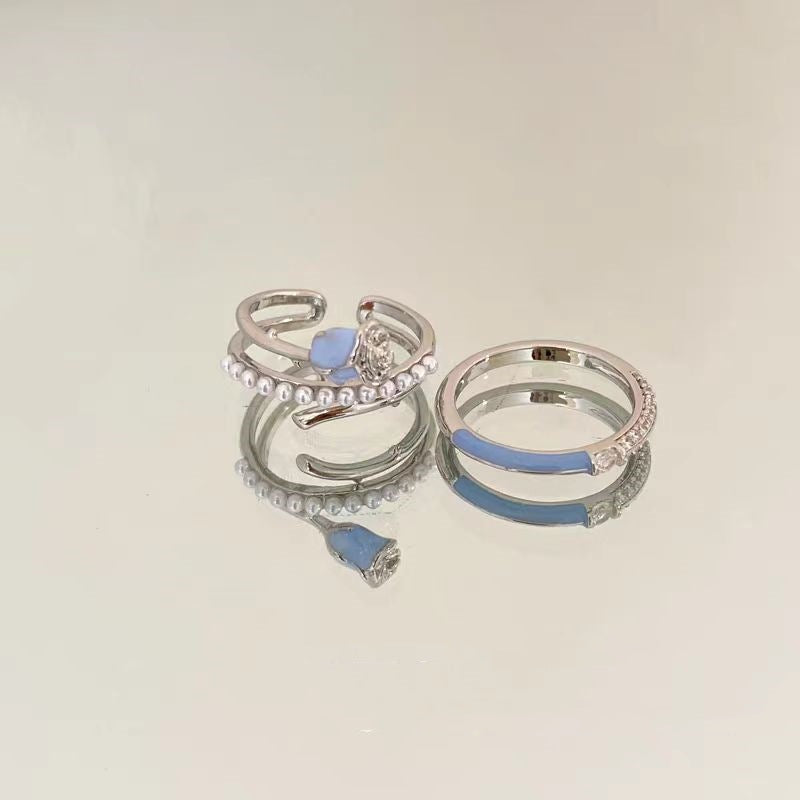 Wholesale Blue Rose Drop Glaze Pearl Ring