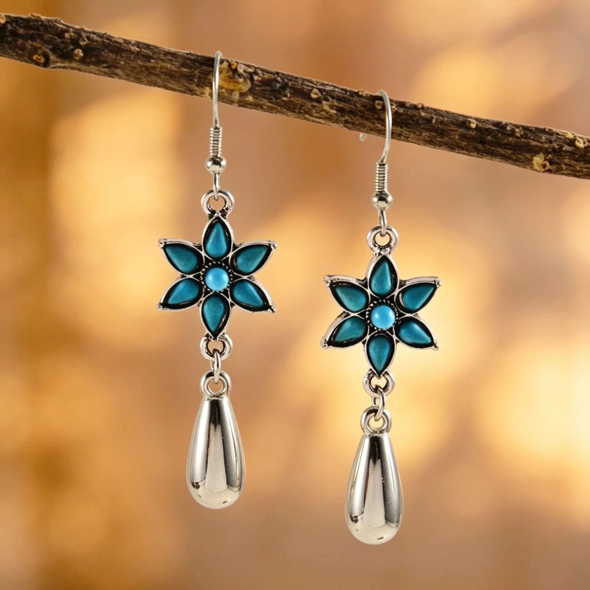 Wholesale Retro Blue Flower Turquoise Earrings Boho Chic Fashion Accessory Boutique Resale Gift