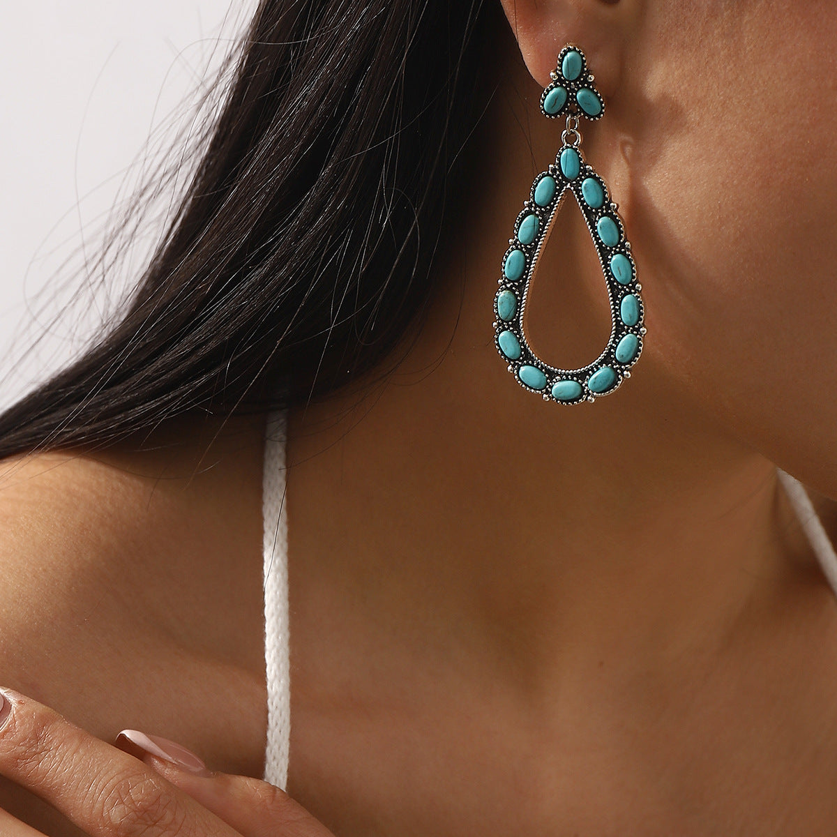 Wholesale Retro Bohemian Geometric Inlay Turquoise Pendant Ethnic Style All-match Earrings