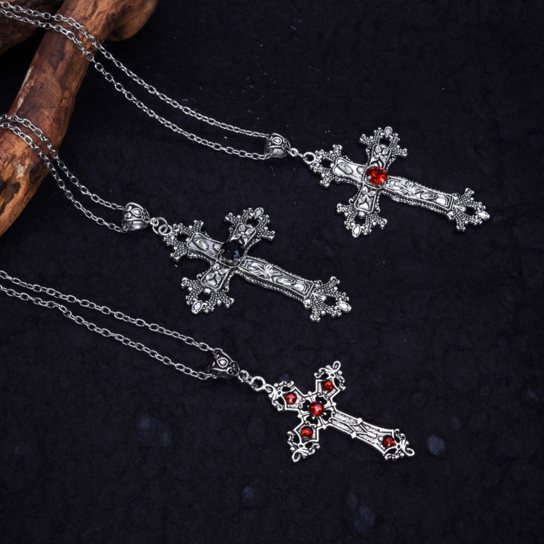 Wholesale  retro gothic punk style inlaid gemstone cross pendant necklace