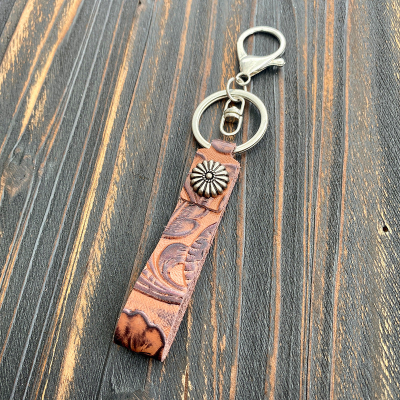 Wholesale Western Vintage Leather Keychain With Turquoise Accent Car Key Accessory And Gift