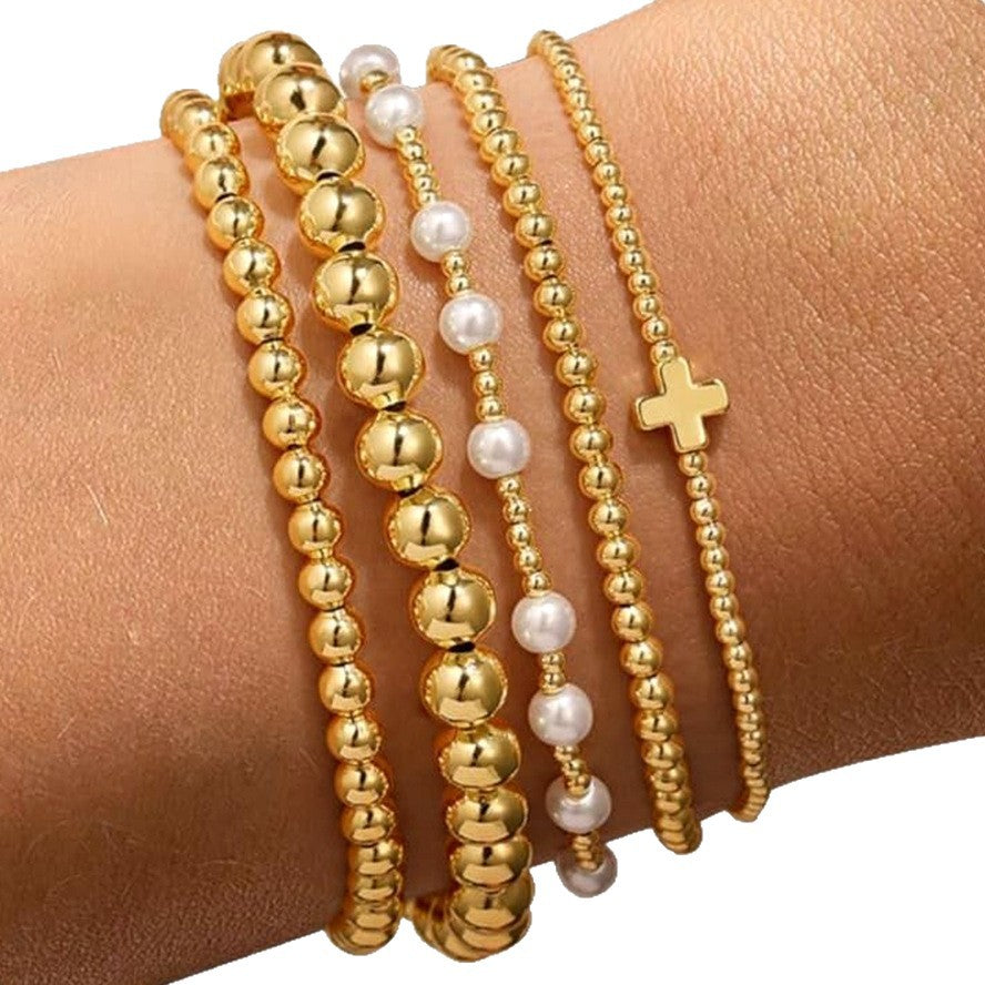 Wholesale Women' s Gold-Plated Contion Pearl Bead Elastic Bracelet Set - Fashion Jewelry Accessory