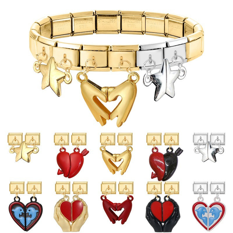 Wholesale Italian Charm Bracelet 9mm DIY Splicing Double Charm DIY Ring Stainless Steel Composable Bracelet