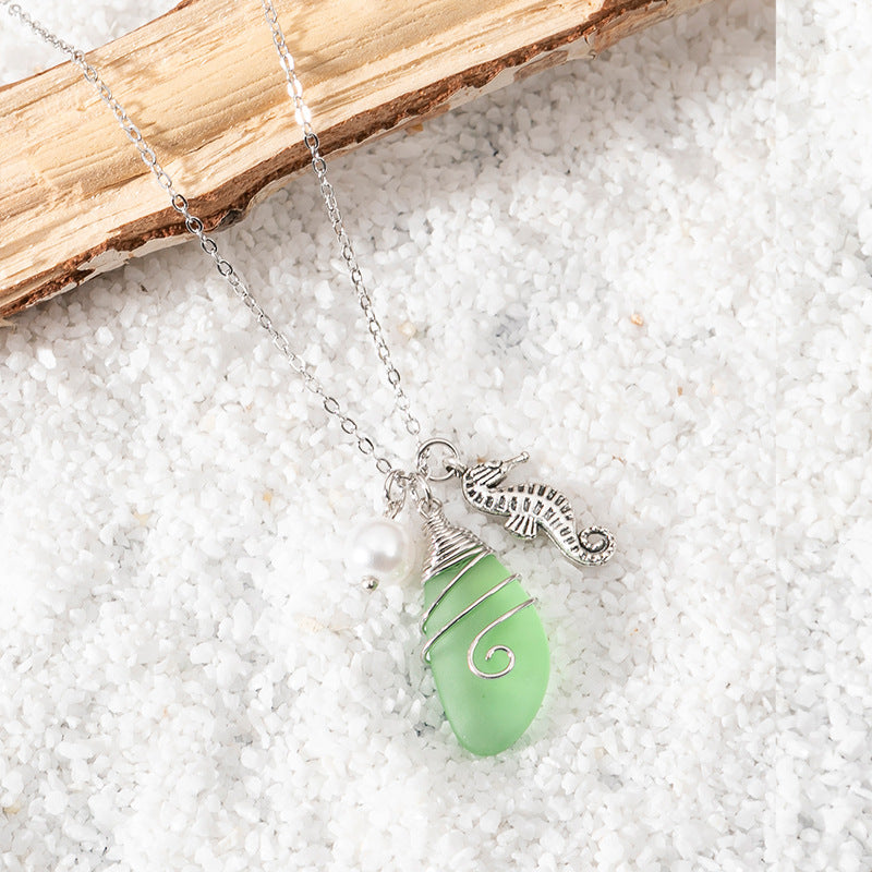Wholesale Beautiful Colorful Sea Glass Pendant Necklace Sweater Chain Long Necklace ACC-NE-XLH002