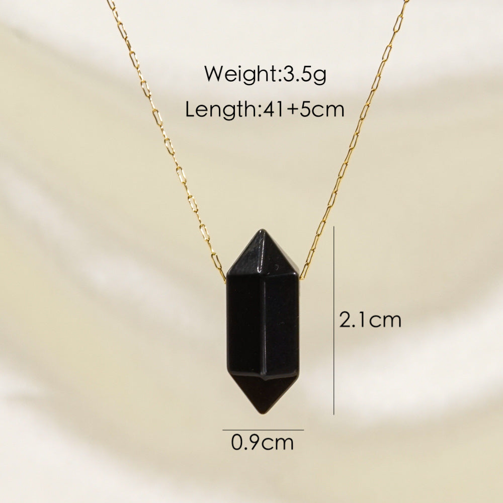Wholesale Natural Crystal Double-pointed Multi-faceted Hand-polished Hexagonal Prism Pendant Stainless Steel Necklace