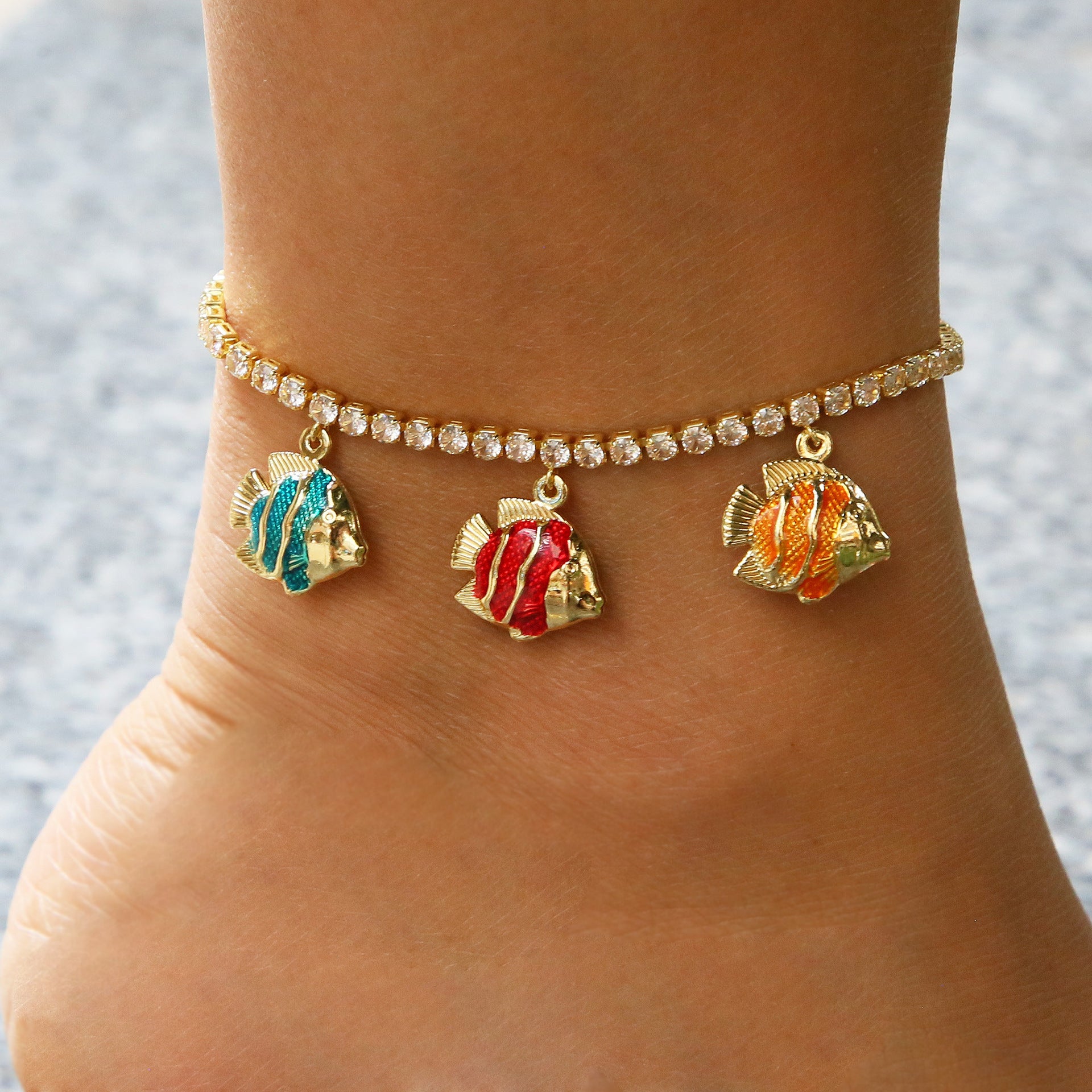 Wholesale Ocean Summer Full Diamond Zirconia Chain Colorful Fish Starfish Seashell Multi-Layer Women' s Anklet