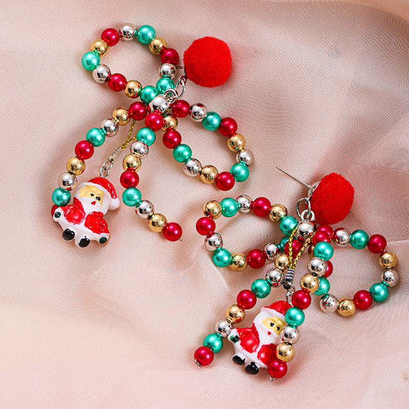 Wholesale Christmas Colorful Beaded Bow  Pom-Pom Earrings