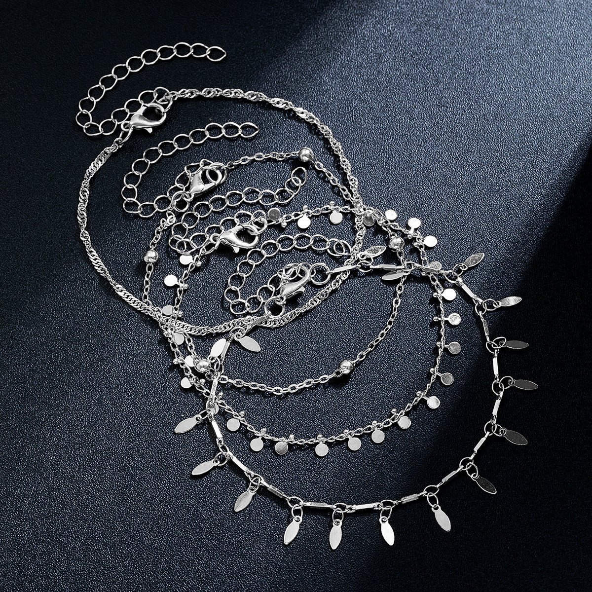 Wholesale Stacked Oval Disc Tassel Pendant Metal Chain Anklet