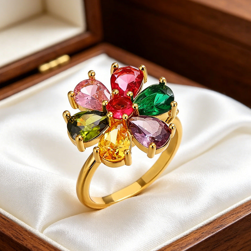 Wholesale Copper Open Flower Ring with Zircon for Women Everyday Wear Fashion Accessory