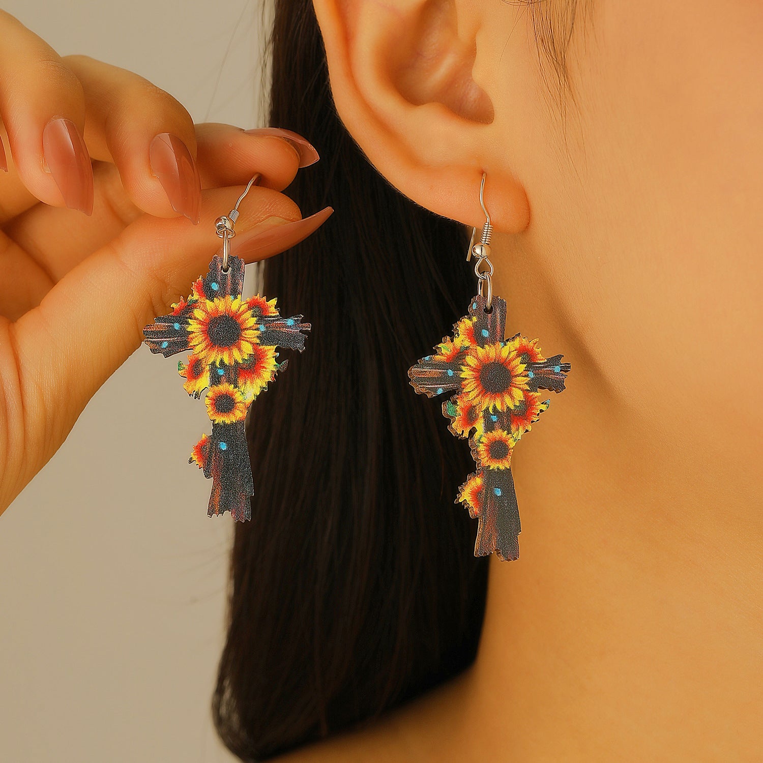Wholesale Western Style Old Sunflower Colorful Watercolor Cross Pendant Wooden Double-Sided Earrings
