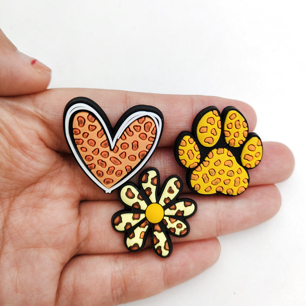 Wholesale 10pcs Leopard Print Coffee Cup Dog Claw Love PVC Soft Adhesive Hole Shoes Buckles ACC-SC-WanX002