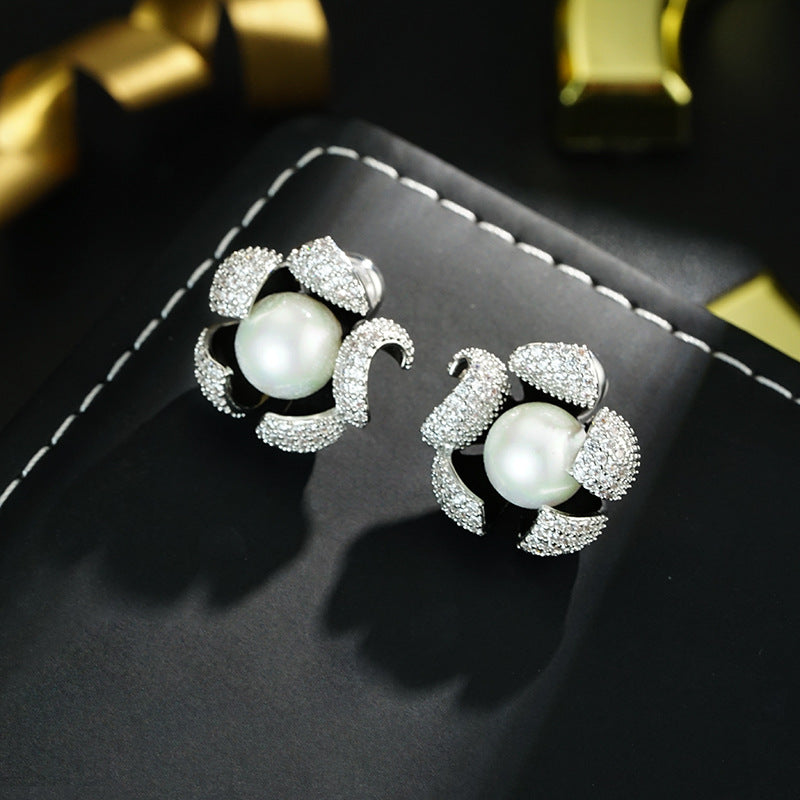Wholesale  Light Luxury  Micro-inlaid Zirconium Pearl Flower Earrings
