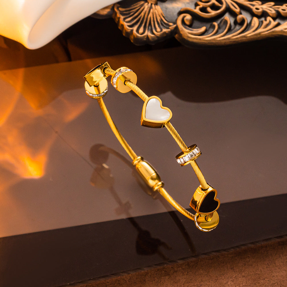 Wholesale Titanium Steel Double Heart Micro Inlaid Zircon Gold Bracelet ACC-BT-NaBao006