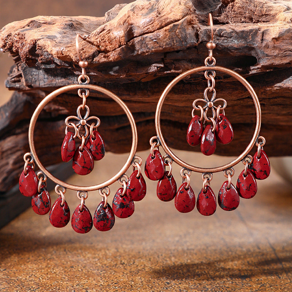Wholesale Vintage Chinese Style Red Tassel Earrings Long Exaggerated Party Wear Jewelry Accessory