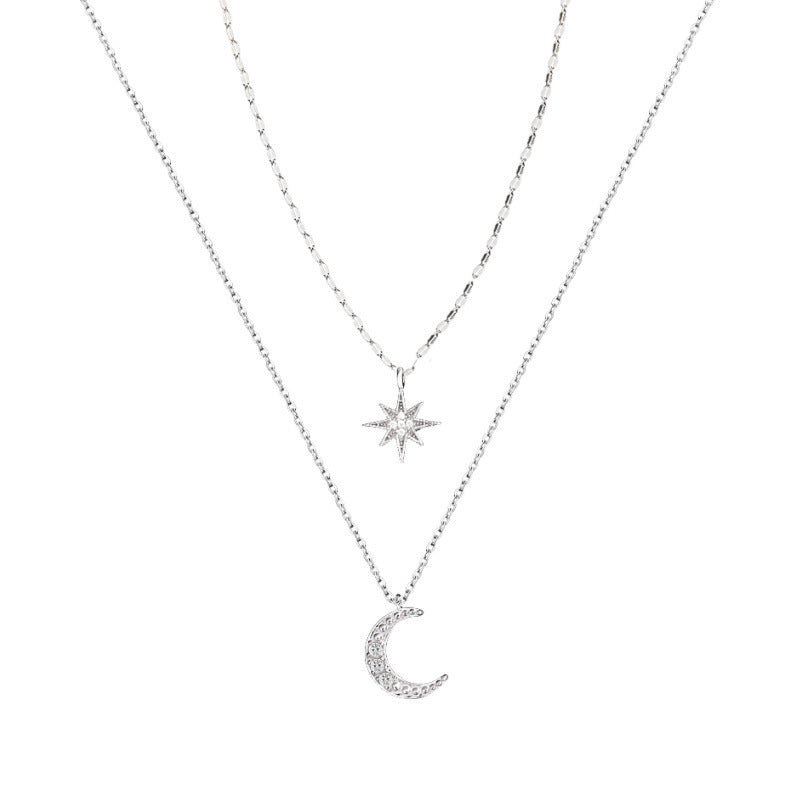Wholesale  silver Flash Diamond Star Moon Double Layer Necklace