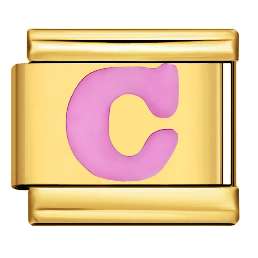 Wholesale Italian Charm Bracelet 9mm DIY All-Gold Concave Pink Letter   Creative Stainless Steel Composable Bracelet