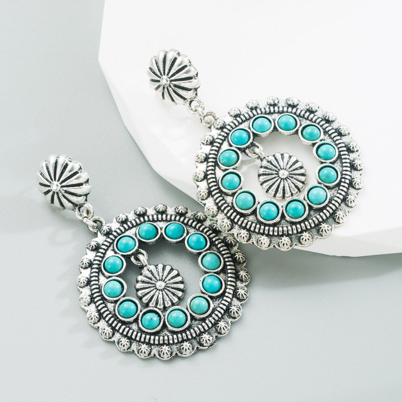 Wholesale Retro Ethnic Style White Turquoise Hollow Round Earrings Alloy Party Style Boutique Resale Jewelry Accessory