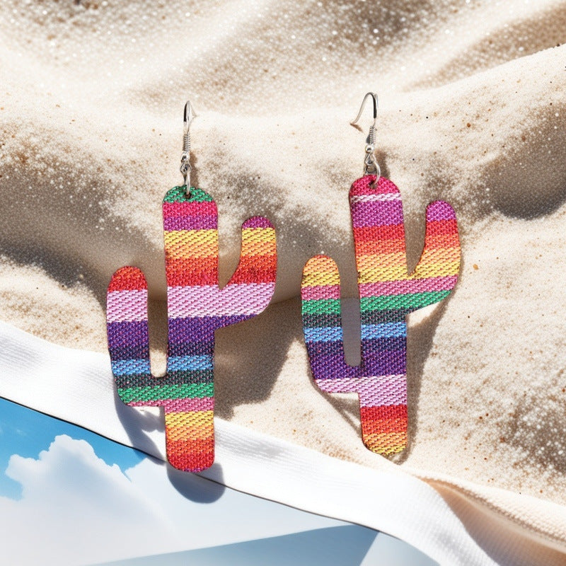 Wholesale Colorful Striped Cactus Mexican Wood Double Sided Earrings