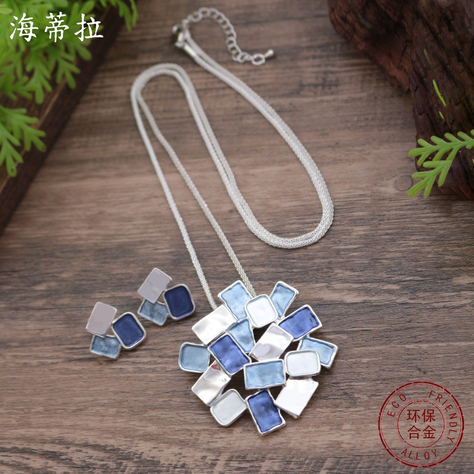 Wholesale  Enamel Square Geometric Long Pendant Earrings suit  Square Necklace