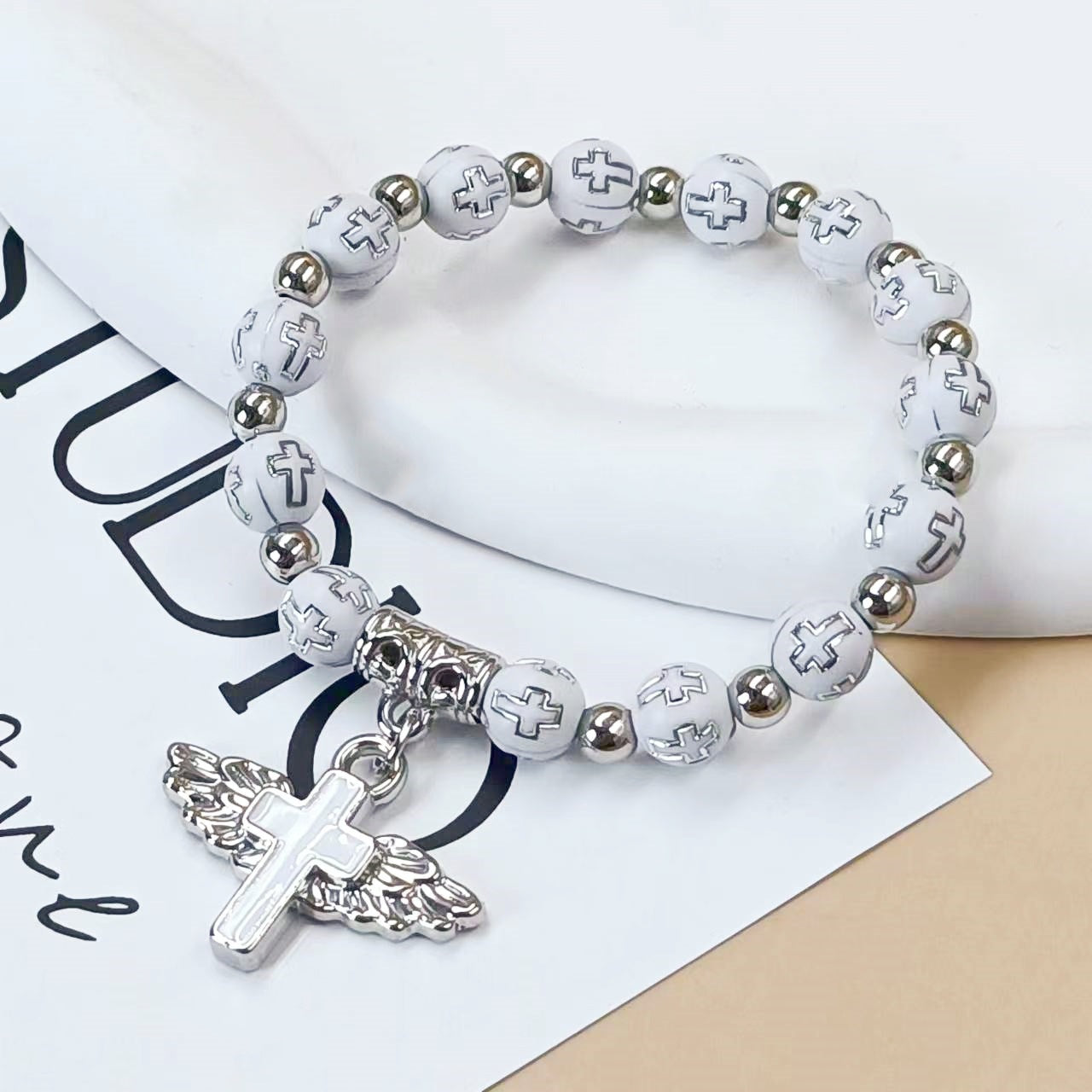 Wholesale angel wings cross beaded bracelet