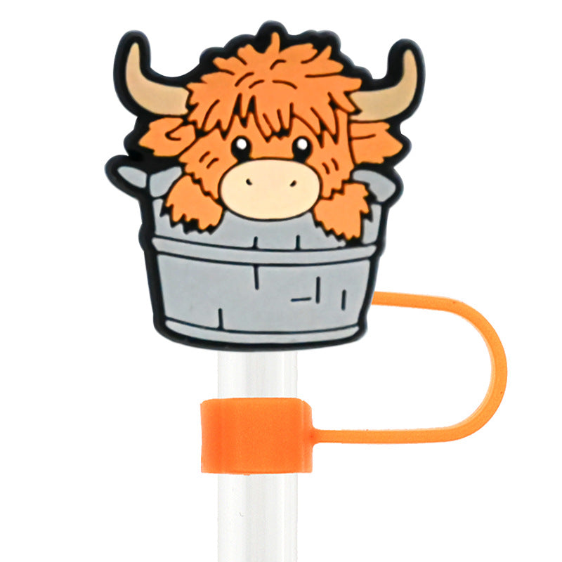 Wholesale Random 100pcs Cartoon West Highland Cattle 10mm Straw Tube Cap ACC-SCR-RYY064