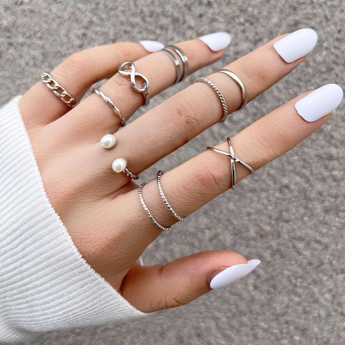 Wholesale Elegant 8-character Pearl Open Joint Ring Retro Pearl Twist Ring 9-piece Set