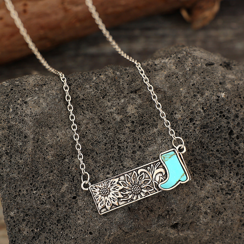 Wholesale Vintage square turquoise cactus lightning cross cowboy boots necklace