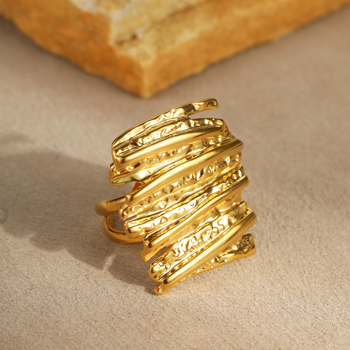 Wholesale  multi-layer hollow line stainless steel ring plating 18K gold open ring