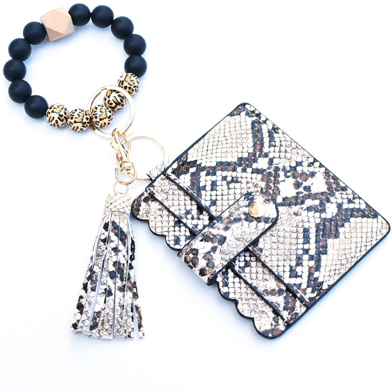 Wholesale Leopard Plaid Western Style Card Holder Silicone Beaded Wristlet Keychain ACC-KC-QiuXue011