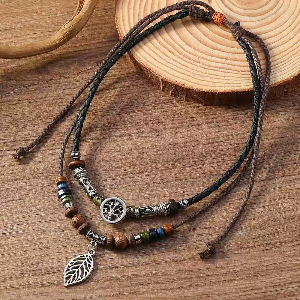 Wholesale Retro Tree Of Life Shell Pendant Necklace Handmade Alloy Beaded Leather Wax Rope Choker Unisex Jewelry For Gift Resale
