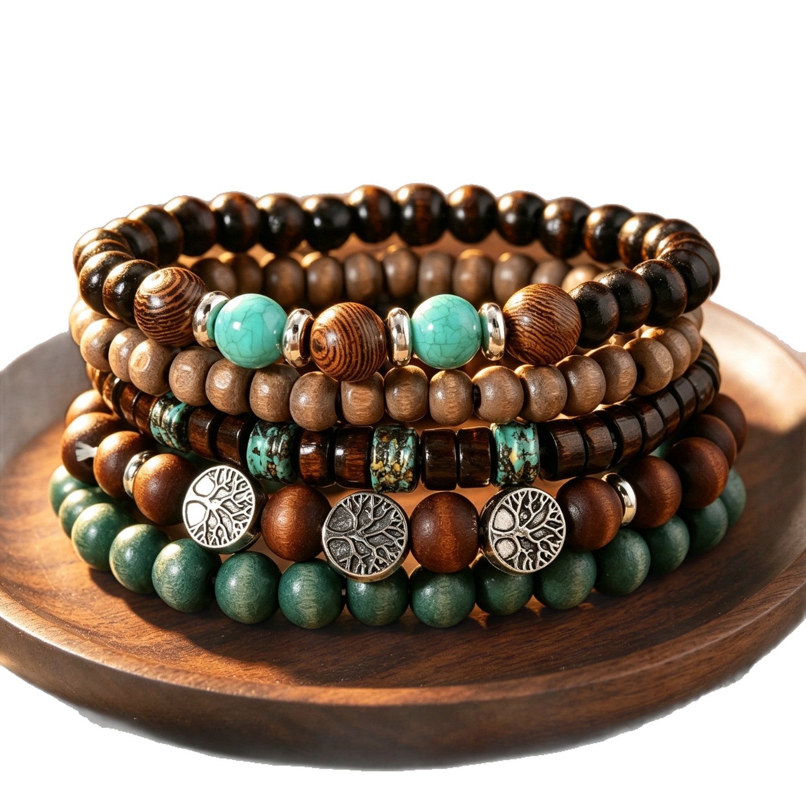 Wholesale 5 Piece Men S Tree Of Life Wood Bead Bracelet Set Elastic Fashion Jewelry Accessory For Boutique Resale Gift