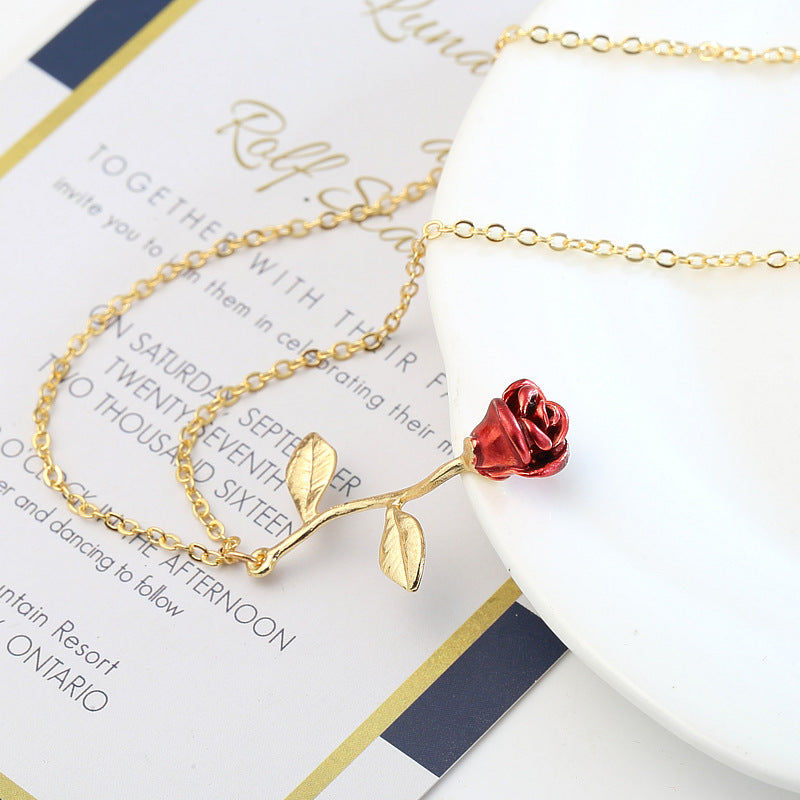 Wholesale Creative Water Drop Red Rose Necklace