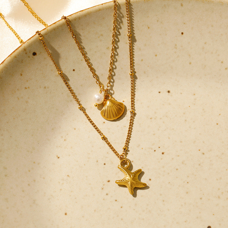 Wholesale Stainless steel retention double layer starfish shell summer holiday wind clavicle chain