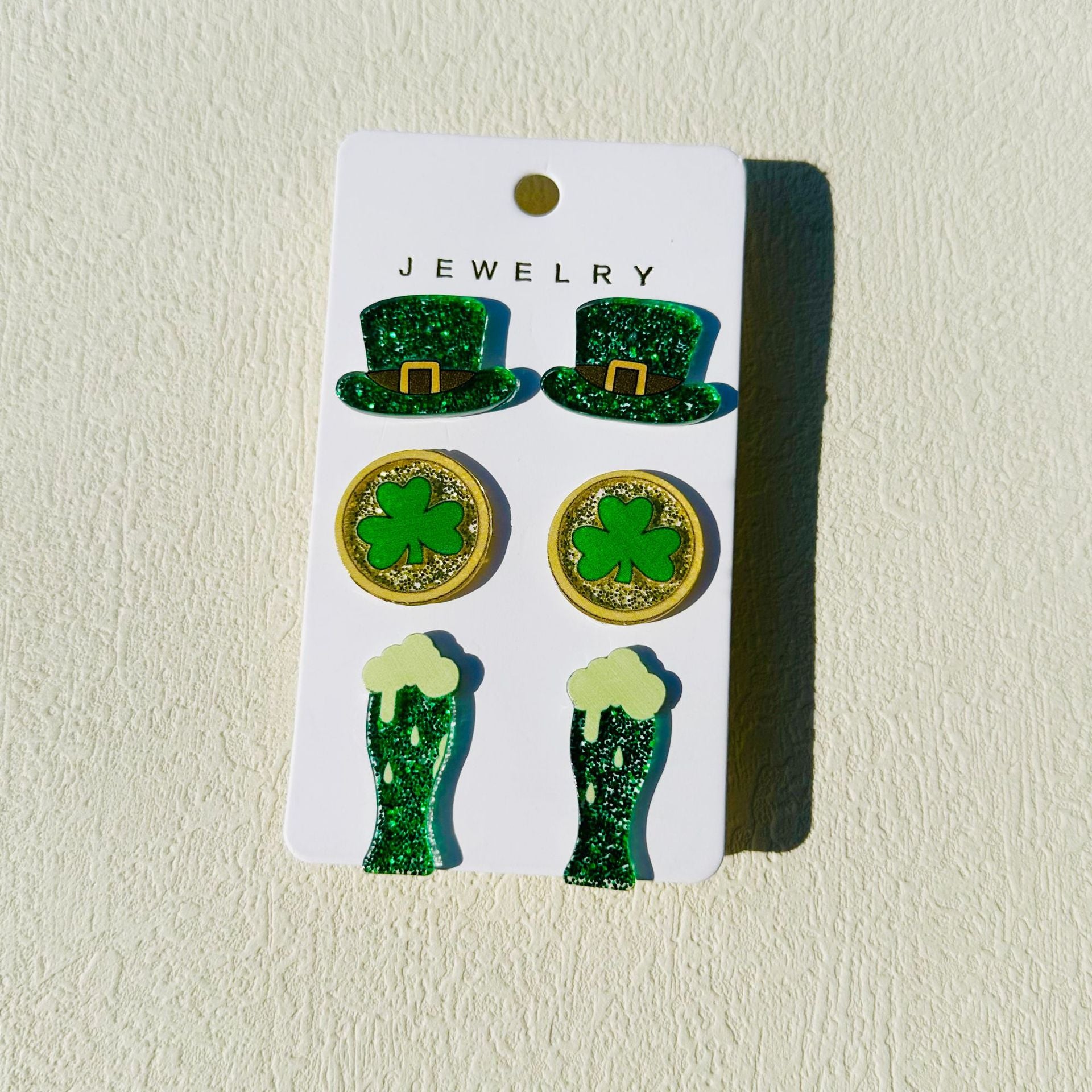 Wholesale St Patrick's Day hat Clover Gold coin beer acrylic  stud earrings