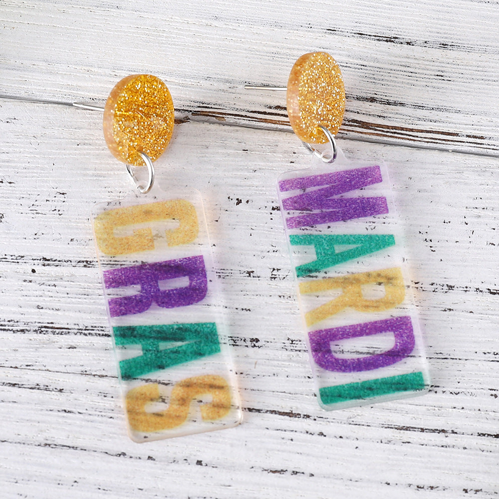 Wholesale Mardi Gras Letter Pendant Acrylic Earrings