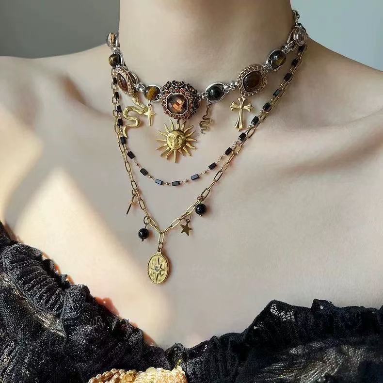 Wholesale Trendy Layered Sunflower Cross Snake Pendant Necklace Fashion Accessory for Women