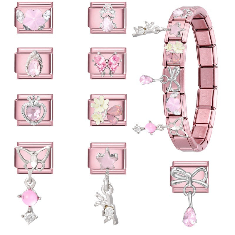 Wholesale 9mm Italian Charm Starter Bracelets pink series  DIY  Single Section Creative Stainless Steel Composable Bracelet