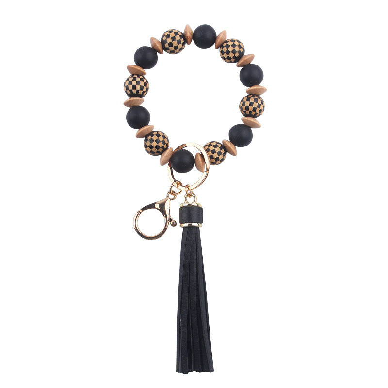 Wholesale Patterned Wood Beads Beaded Silicone Wrist Keychain with Tassel Bulk Keychains ACC-KC-GuangTian039