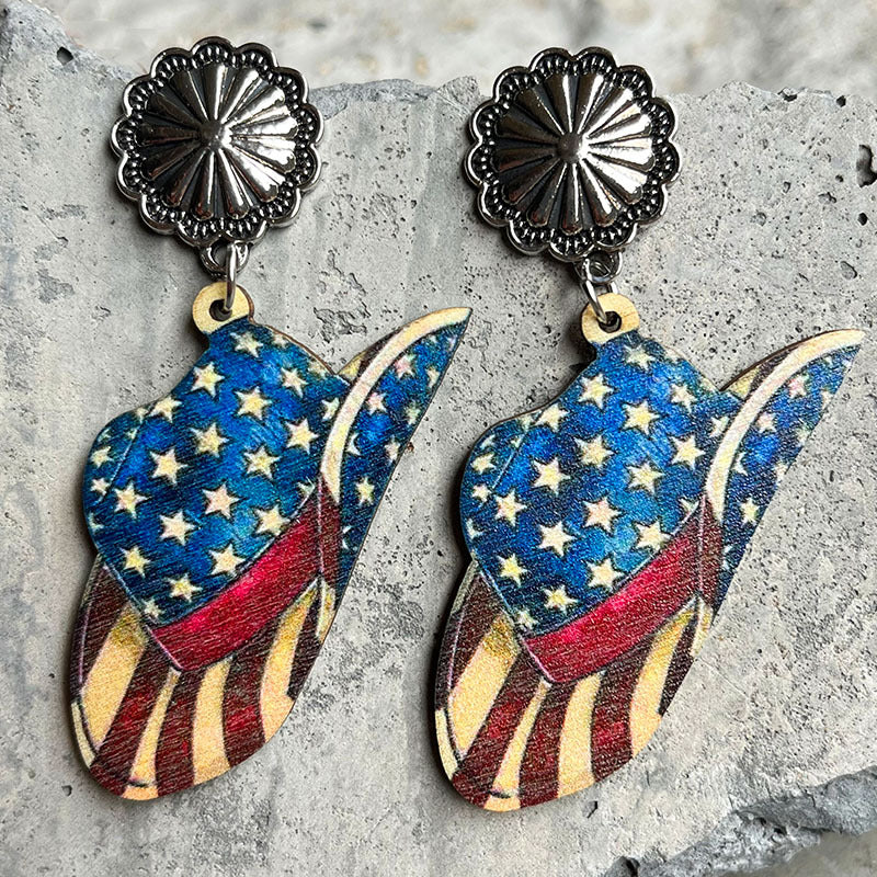 Wholesale 2 Pairs/Pack American Independence Day Western Style Cowboy Boots Cow Head Sunflower Wood Earrings ACC-ES-HY103