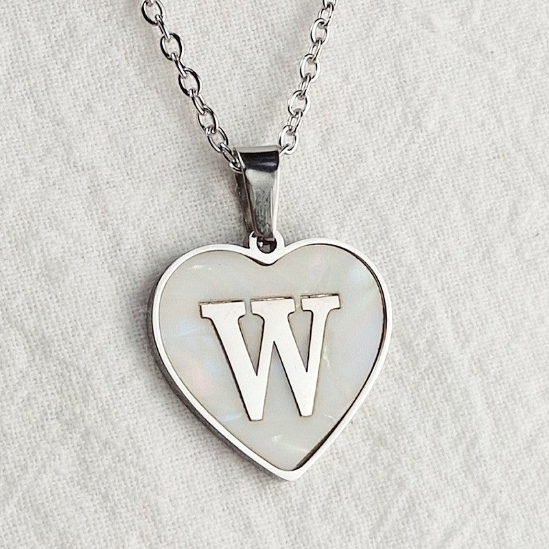 Wholesale 26 English Letters Heart Inlaid Shell Titanium Steel Necklace ACC-NE-DingChao002