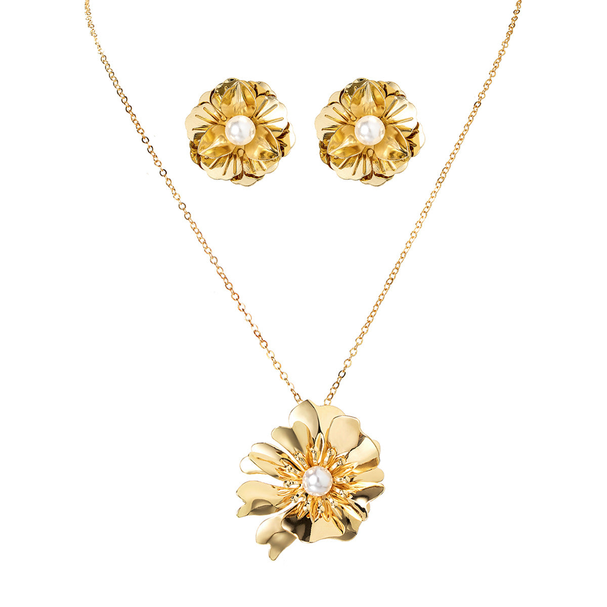Wholesale Pearl Metal Flower Women's Necklace Earring Set