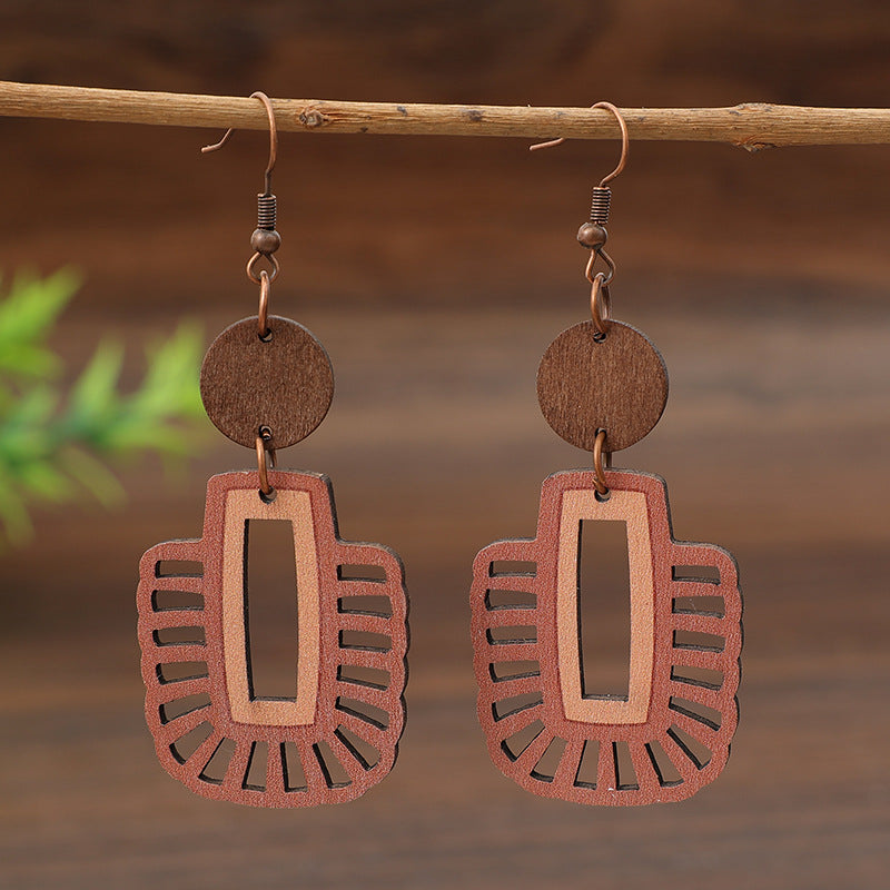 Wholesale Retro Cut Out Geometric Splicing Small Round Wood Piece Women' s Simple Earrings