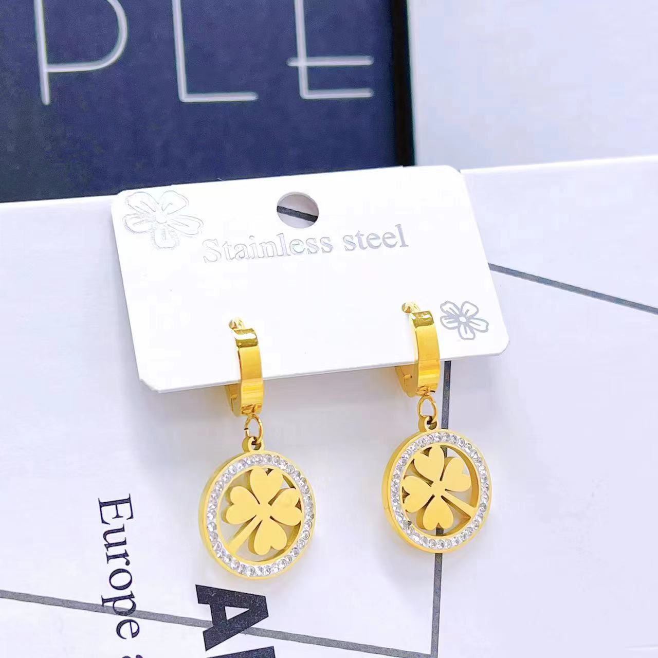 Wholesale Titanium Steel full diamond round pendant mid-length flower earrings