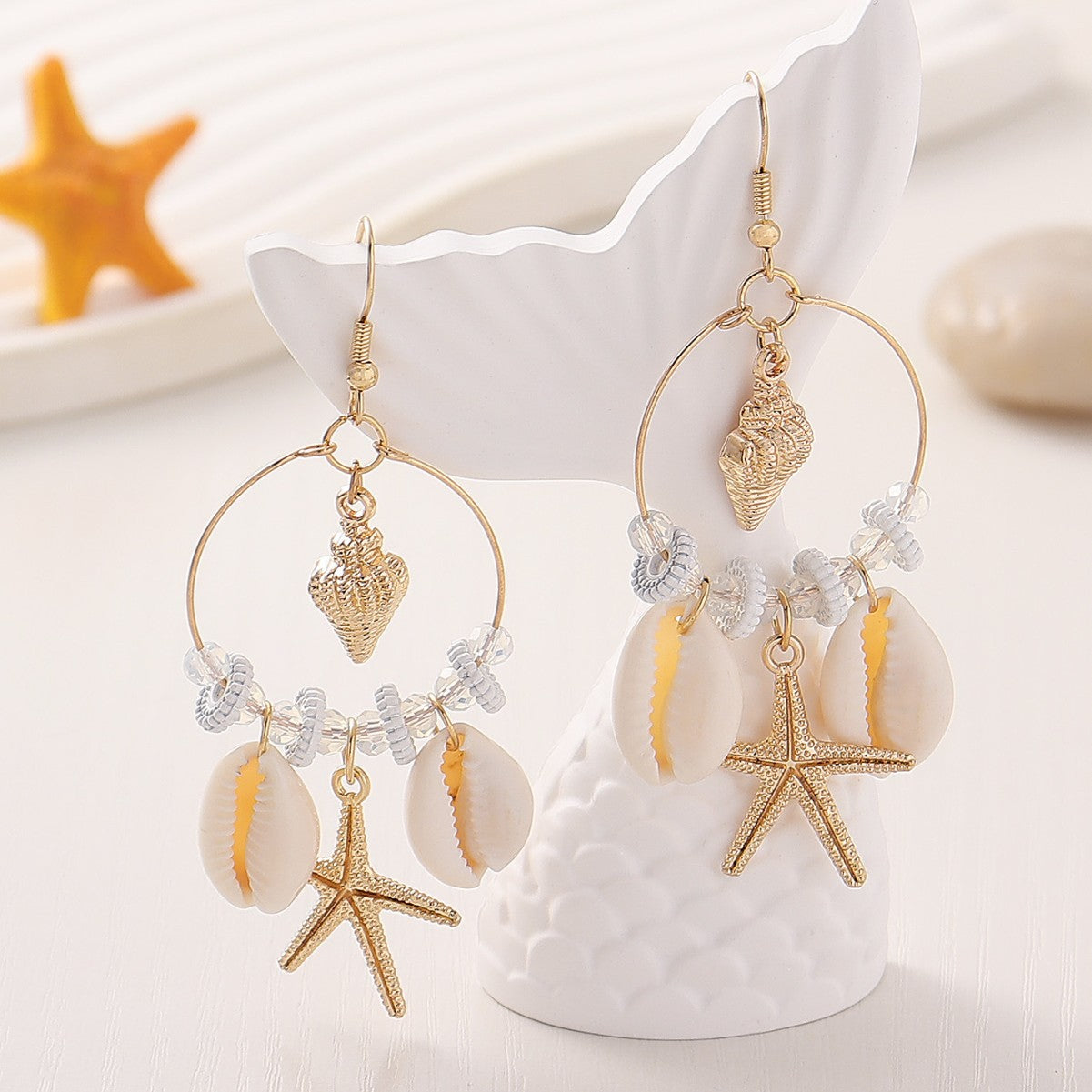 Wholesale Starfish conch earrings, bohemian ocean beach resort shell beaded earrings