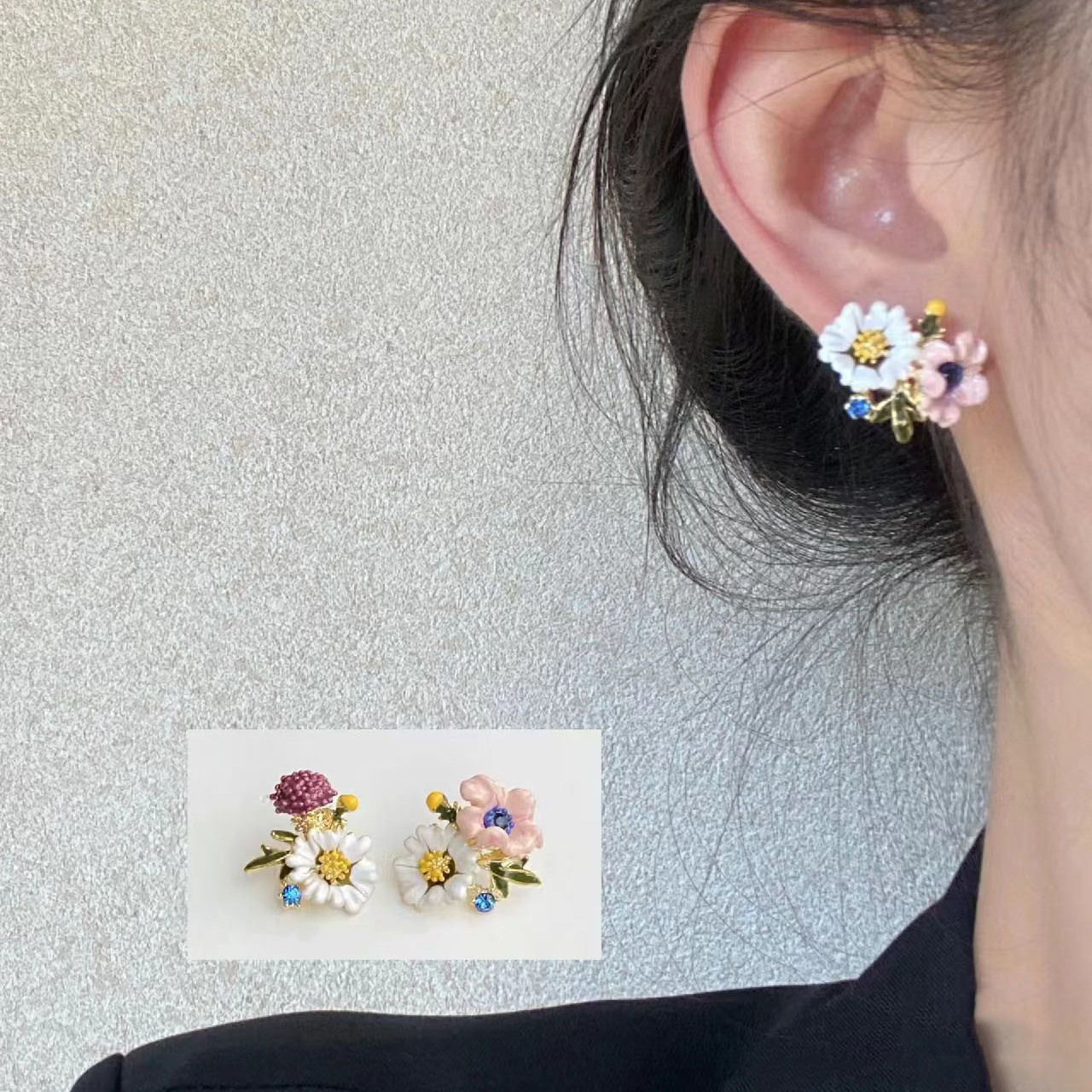Wholesale Enamel asymmetrical daisy flower earrings