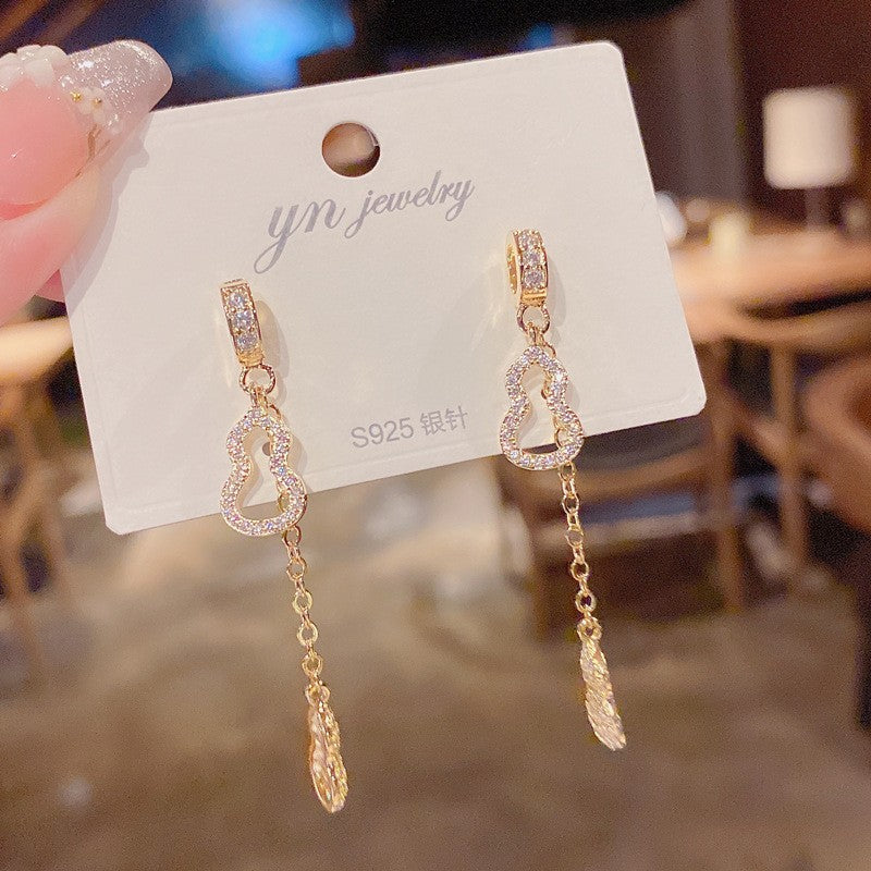 Wholesale S925 Silver Needle Long Micro-inlaid Gourd Tassel Earrings