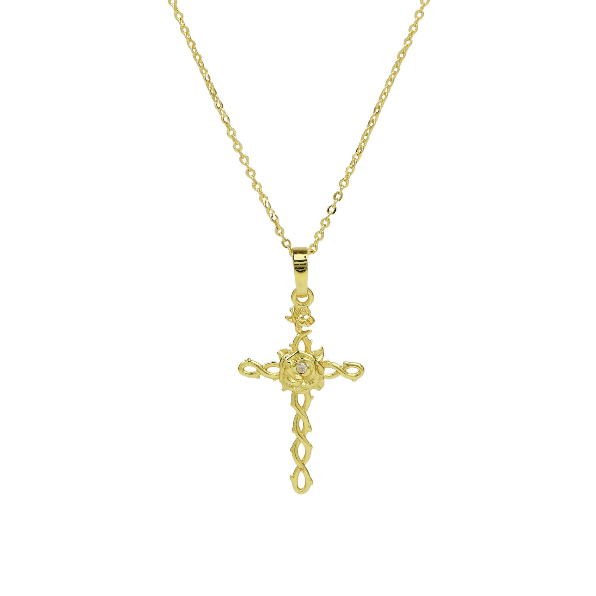 Wholesale  Brass Plated 18k December Flower Cross Pendant Necklace