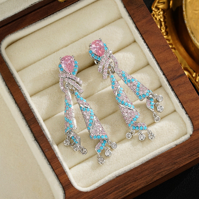 Wholesale  color ribbon earrings  light luxury  zircon tassel silver needle earrings